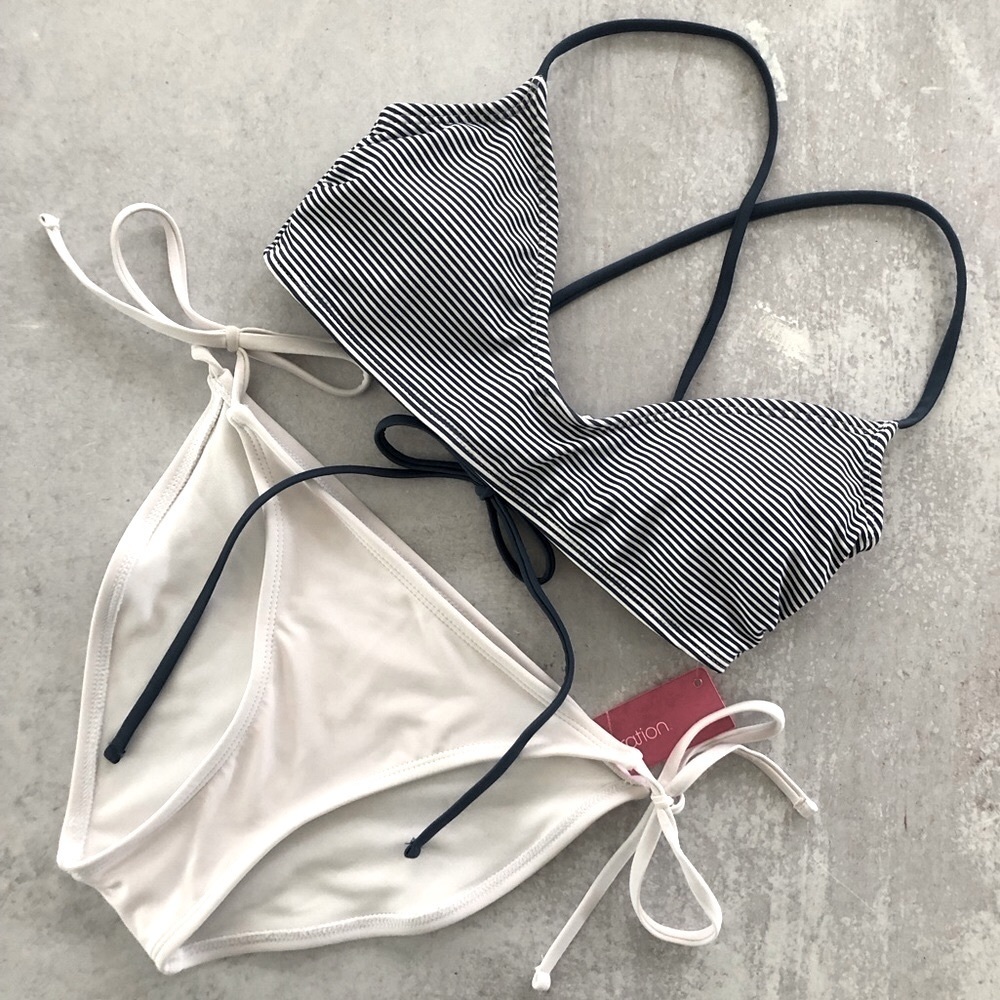 Xhilaration Navy Stripe Lace Up Bikini Top NWT & White String Bottoms 2pc Set, S